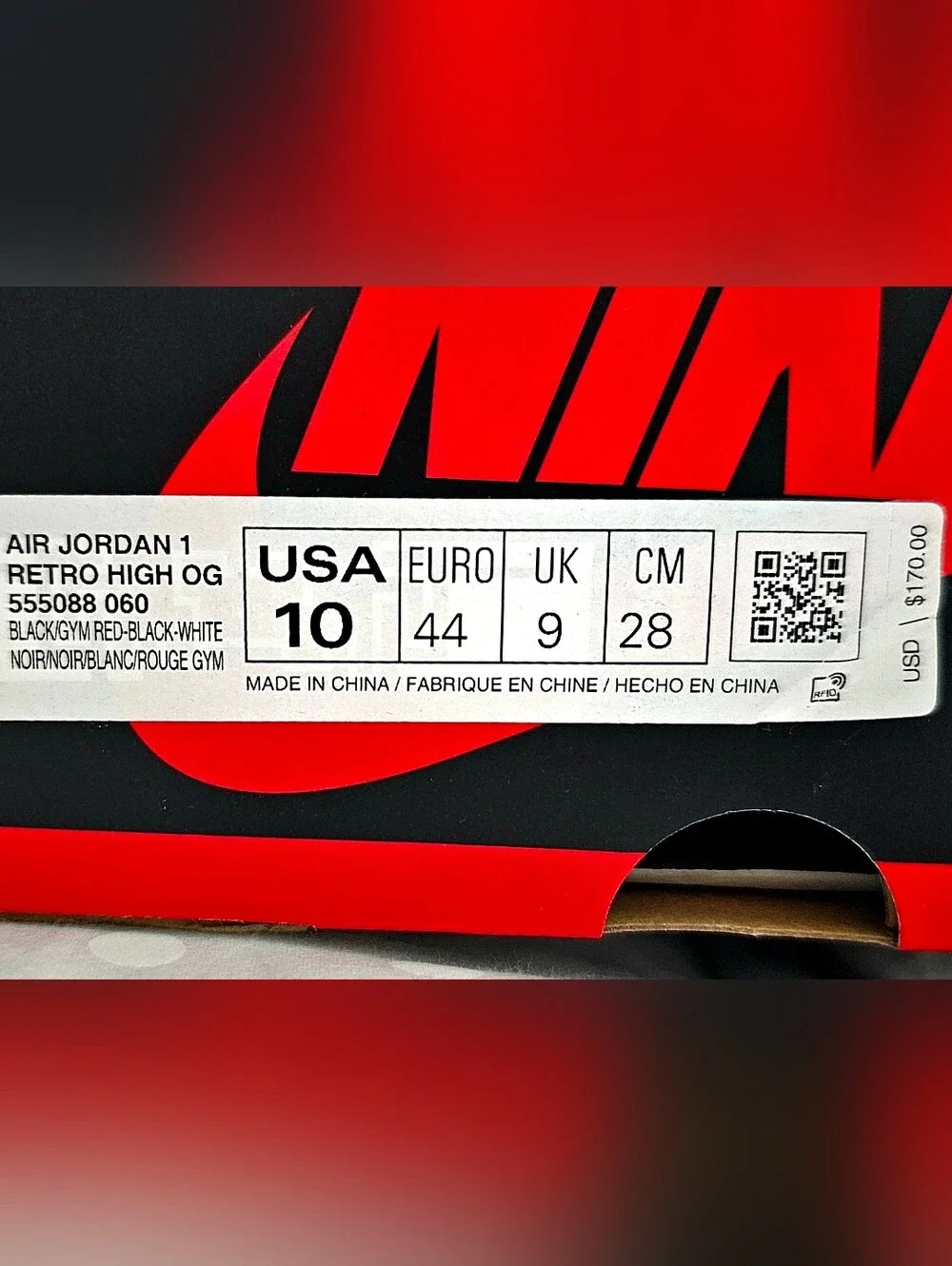 New NIKE AIR JORDAN 1 Retro High OG Black/Gym Red/Wht Men's Size 10